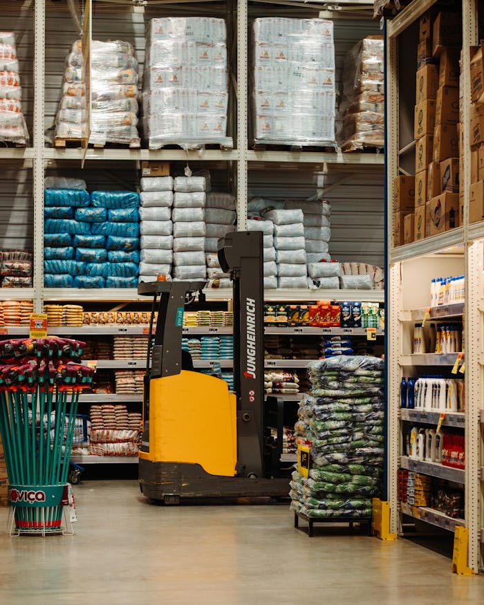 gallery-2 A warehouse with stacked goods, shelves, and a forklift in Brazil.